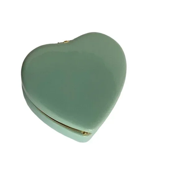 Heart Shaped Ceramic Trinket Box Teal Green 3.5" x 3" x 2.5" Gold Trim - Picture 2 of 8